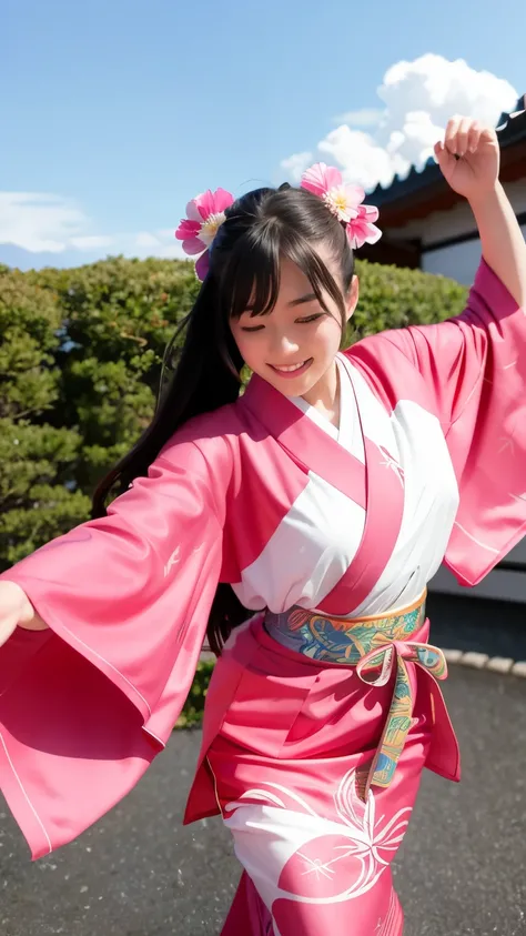 Amanouzume from Japanese mythology, wearing a kimono, dancing frenetically without concern for her clothes, with a background of the world of Japanese mythology.