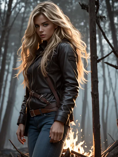 An ultra hot gorgeous European woman, age 23. She’s a playmate and men magazine supermodel. Long wavy blond hair, messy wind blown hair, Full body, sitting by a campfire, wearing brown leather coat, dark blue jeans, (extremely detailed 8k wallpaper), mood ...