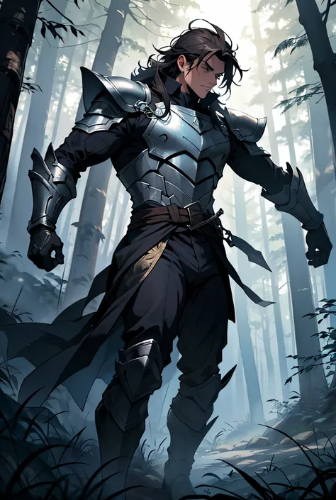 in a dark and dense forest, Arion,  now a young warrior , is depicted standing,  with a firm and confident posture . He wears simple armor, but functional,  that shines under the light filtered between the trees .  His hair is messy and his eyes are big an...