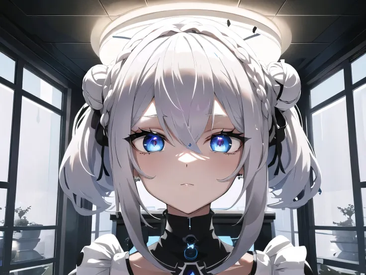 (Best Quality) Dark gaming room, 1 girl, half up bun hair, bob hair, pearl white hair, white and black, fps wear, gaming monitor, sitting on a gaming chair, cute, beautiful emphasis, fluffy puff sleeves, blue eyes, detailed eyes, glass windows, plant light...