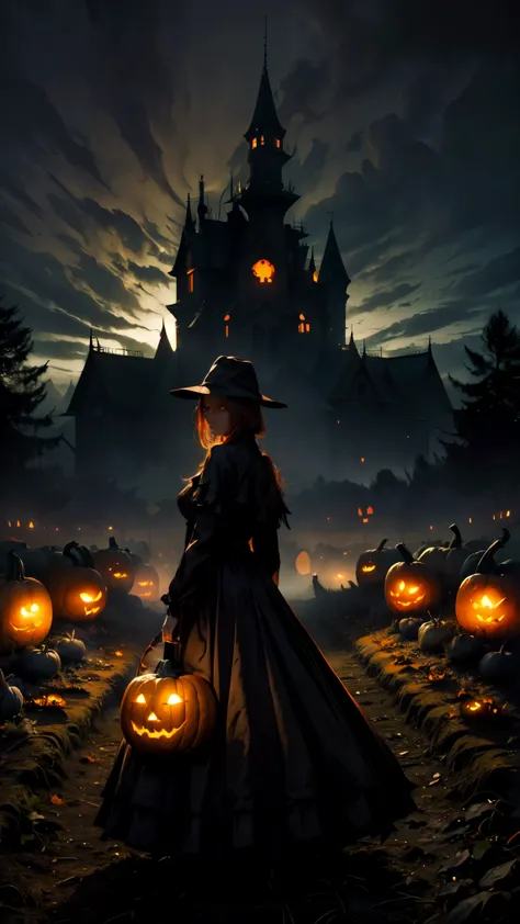 (Masterpiece, highest quality, Best Quality, Beautiful and aesthetic:1.2), (eerie pumpkin patch at night:1.5), glowing, creepy pumpkin faces, (fog swirling around the pumpkins:1.3), hyper-realistic, dark misty atmosphere, (dim moonlight:1.4), twisted vines...