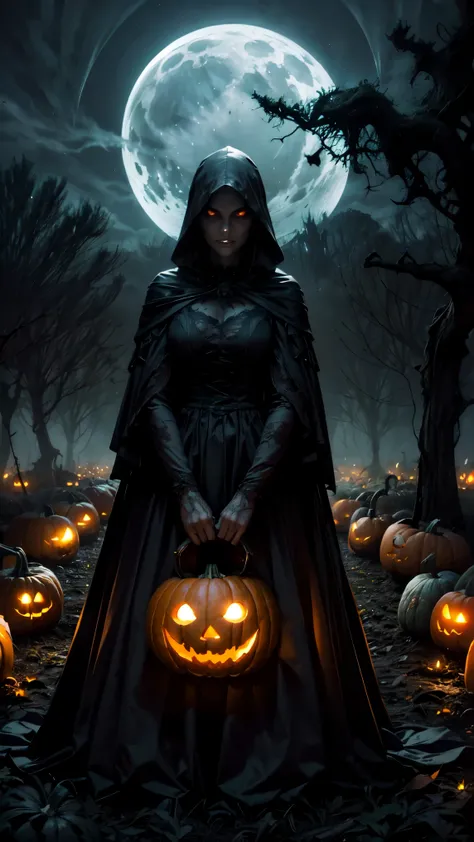 (Masterpiece, highest quality, Best Quality, Beautiful and aesthetic:1.2), (eerie pumpkin patch at night:1.5), glowing, creepy pumpkin faces, (fog swirling around the pumpkins:1.3), hyper-realistic, dark misty atmosphere, (dim moonlight:1.4), twisted vines...