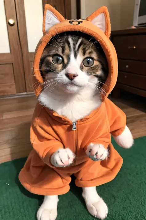 Kitten wearing a dog costume