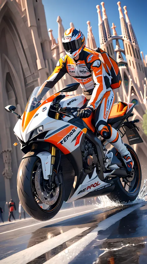 fantastic,location:spain,object:sagrada-familia,person:felipe-v,honda:repsol :large motorcycle,models: rc213v-spec . engine : wa...