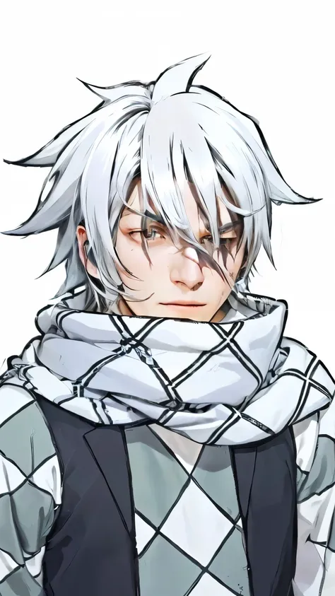 a cartoon drawing of a man with white hair and a scarf, an angry silver-haired man, okata kazuto, Kajika Wataru,  has dark gray hair , inspired by Okumura, anime moe art style,  masterpiece ,  The best quality , ( Extremely detailed CG wallpaper image in 8...