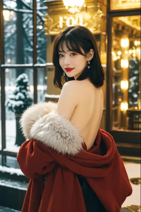 (((best quality))),(((ultra detailed))),(((masterpiece))),illustration,1 girl,smile,red lips,snowing,