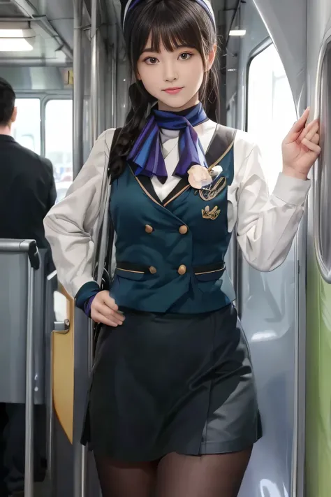 (masterpiece:1.2, Best Quality:1.2), 32K HDR,  High Resolution , (Alone、 1 girl)、（on board、 professional lighting that protrudes forward）、In-flight background、（Nankai Train crew uniformを着たリアルスタイル）、（（ Nankai Train Crew Uniform Collarless Blouse Long Sleeve ...