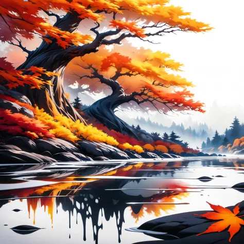Image concept, autumn, Melting vivid colors, Ink Art Overwrite, ultra-retina-realism, super-fine-detail-tuned, artistic-realistic, Uses the ultimate fine mist spray, splash art