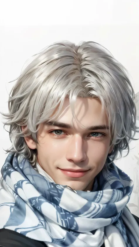 a close up of a young man wearing a scarf and white hair,  smiling, realistic ,  masterpiece ,  The best quality , ( Extremely detailed CG wallpaper image in 8k), ( The best quality ), ( best illustration ), (Best shadow), absurdres, Iluminación realistic,...