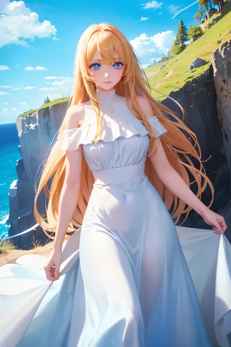 A young woman with long blond hair looking up at the blue sky from a cliff, in a long, hidden dress with white, covered shoulders, and beautiful blue eyes that go down to her hips