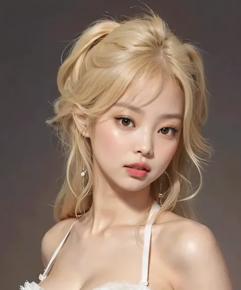 black pink jennie, almond eyes, full lips, large and voluptuous breasts . flirtatious look