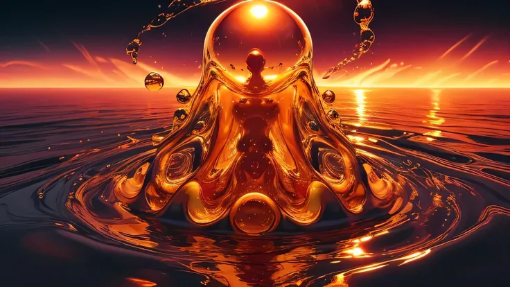 Golden sunset, Liquid flow, Bubbles, Saturated colors, Abstract Surrealism, Abstract geometry