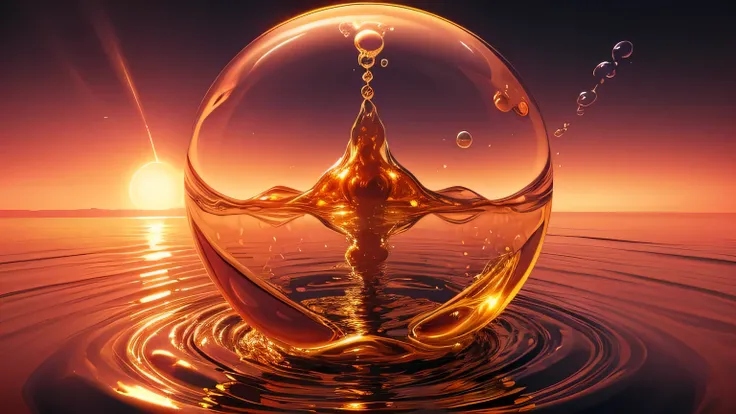 Golden sunset, Liquid flow, Bubbles, Saturated colors, Abstract Surrealism, Abstract geometry