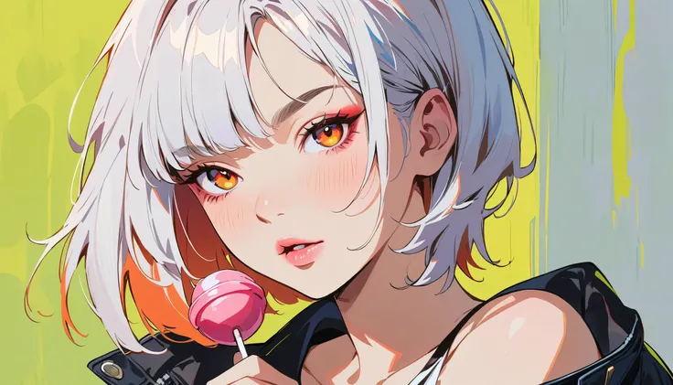 (masterpiece,  best quality:1.2),  1 girl at home, solo, Anime style, Color pupil, Holding a lollipop, Pink lower lip,  Cyberpunk Style Makeup,  Orange Red Eye Shadow ,  Silver Asymmetric Short Hair , Asymmetrical short hairstyle, Long bangs on one side, C...