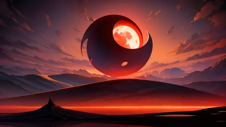 " surrealist masterpiece . high quality. amazing details. hyper-realistic cg rendering， depicts a deep red moon rising over a se...