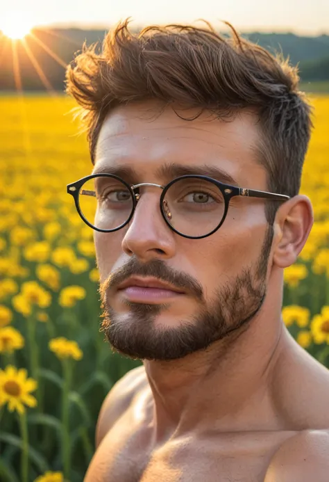 A wild muscular man,naked, penis (30-year-old dad :1.1), 1 boy,Alone (ombros largos), Muscular, short hair, , short beard, beautiful eyes:1.3, ), ( detailed face:1.3), (wearing glasses), Smiles,  volumetric lighting, ( Better quality,  A high resolution , ...