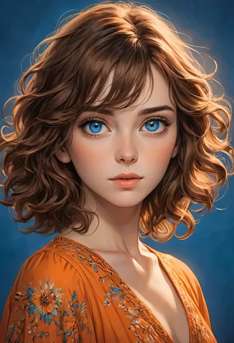 Key art, a beautiful woman with short wavy brown hair and blue eye, plain blue background , intricately detailed, masterpiece, award winning art, deep serenity is infused throughout the imagery, evocative, expressive, emotive art, 8k, hdr, she wearing oran...