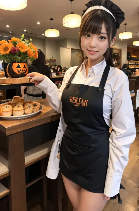 working at a Halloween restrunt（Japanese face、Twenty year old girls wearing apron and miniskirt ）