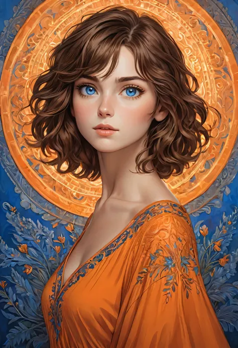 Key art, a beautiful woman with short wavy brown hair and blue eye, plain blue background , intricately detailed, masterpiece, award winning art, deep serenity is infused throughout the imagery, evocative, expressive, emotive art, 8k, hdr, she wearing oran...