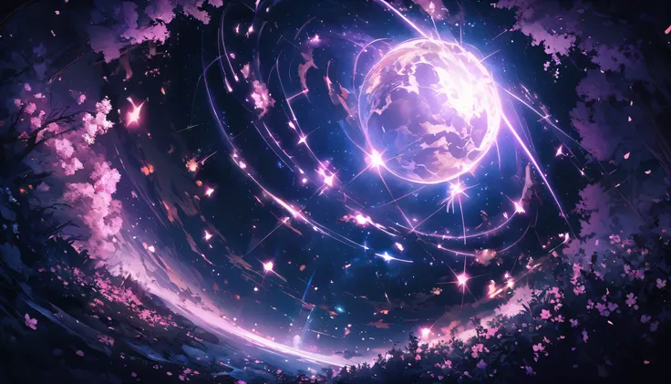 monochrome, masterpiece, Concept Art, panoramic, In the Center, number, Wide Angle, garden, night, (meteor),  space galaxy background, (Excellent composition ,  Epic proportions ),  dynamic lighting,  bright colors , Cherry blossoms,