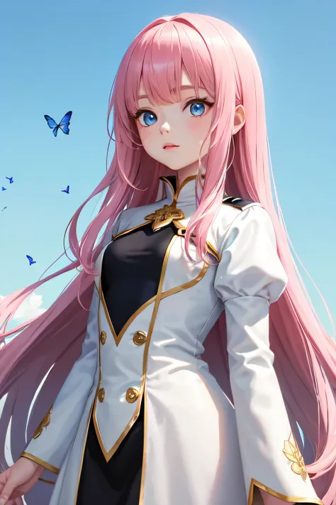 A  in a white uniform with light blue long hair and sky blue eyes on a fantasy background, High definition,  I cant see my hand covered, A young girl in a white uniform with long pink hair and yellow eyes in a fantasy background with butterflies flying aro...