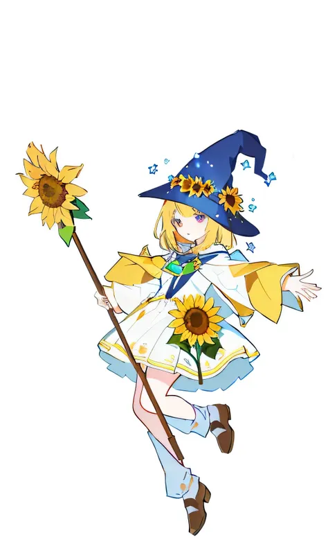 Sunflower Mage ，Wear a magic hat on your head， holds a Sunflower Staff