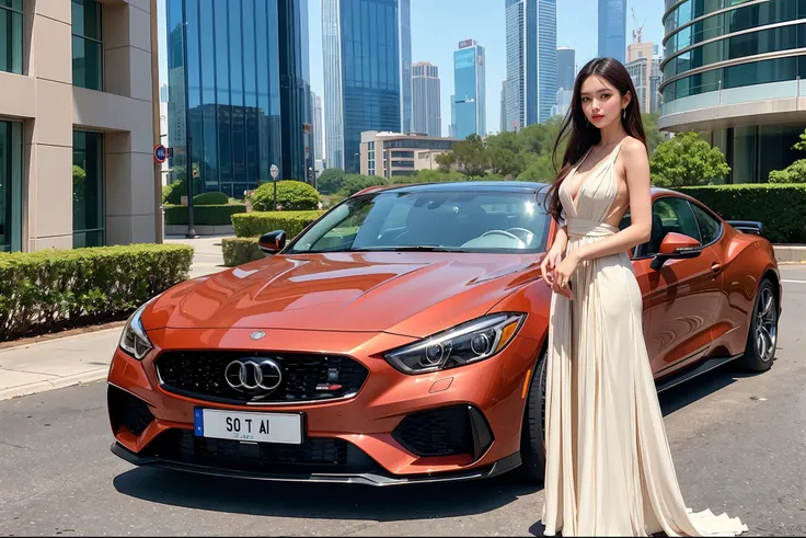 High quality, high resolution. Stunning footage of an international supermodel posing in an exclusive setting wearing a gorgeous dress. The model exudes confidence and elegance as she stands in front of a sleek, modern car while a group of well-dressed peo...