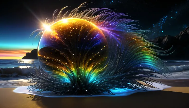 A perfect masterpiece.  mysterious alien world ,  extremely beautiful bright interstellar beach ,  crystal transparent, exquisite, strange hollow shape alien night light , Ammonia nitrogen , Nautilus,  phoenix feather ,  electronic neural network digital m...