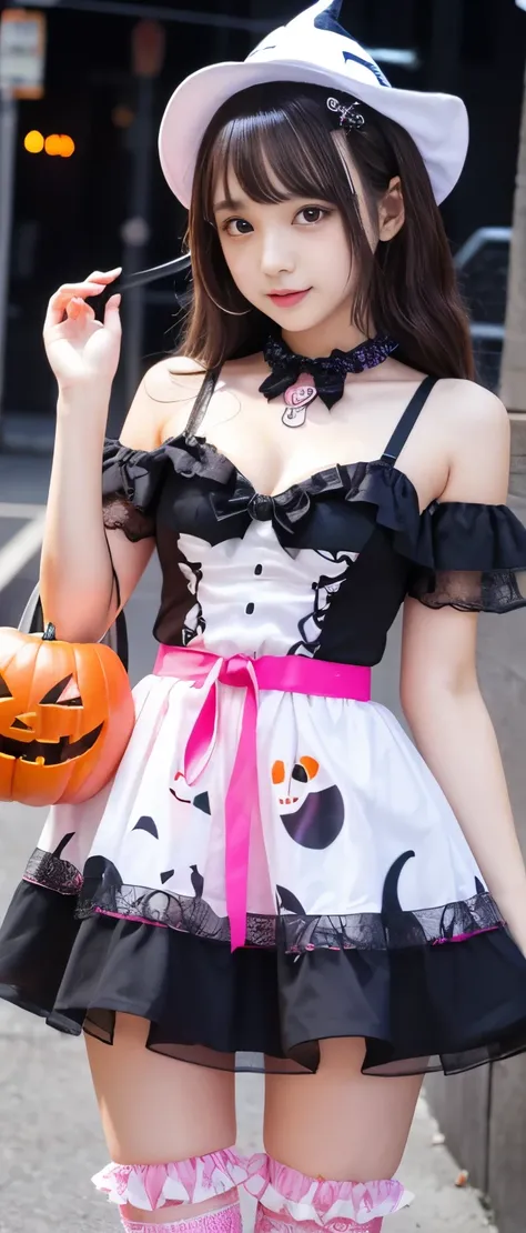  Halloween Cute Idol Girl、whole body、　Good style、、、、、、、、、、Thick legs、、 Ghost Print Dress （Fluorescent pink and blue）、、Spider Web Belt、A pure girl&#39;s face、Glowing colorful ghost 、Halloween Town 