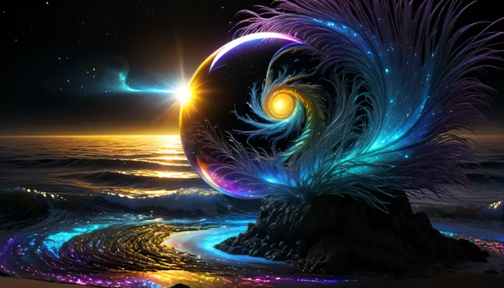 A perfect masterpiece.  mysterious alien world ,  extremely beautiful bright interstellar beach ,  crystal transparent, exquisite, strange hollow shape alien night light , Ammonia nitrogen , Nautilus,  phoenix feather ,  electronic neural network digital m...