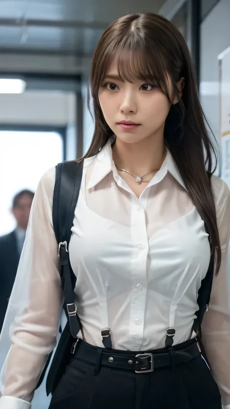 Woman in a suit, belt, Hands on back,  sweaty,  suspenders,  black pants , Sexy, Large Breasts, see-through clothing, rain, Detective, Office Workers,  white button up shirt , ( best quality,4K,8k, High Resolution ,masterpiece:1.2),Ultra-detailed,(Realisti...