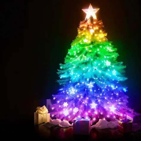 brightly lit christmas tree with star on top in dark room, christmas tree, holiday season, rainbow overlay! beautifully lit, rainbow caustic lighting, rgb ethereal lighting, rainbow lighting, magical tree, lgbtq, volumetric rainbow lighting, on a dark back...