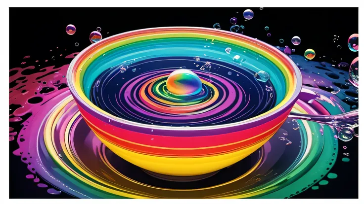  best quality, Soup, 16K, artwork, There is no gravity，Everything floats ,  rainbow-colored water ,  rainbow-colored soap bubbles, Rainbow Bubbles, and much more,  soft colors ，Cute and beautiful, Pop Art, Beautiful lighting