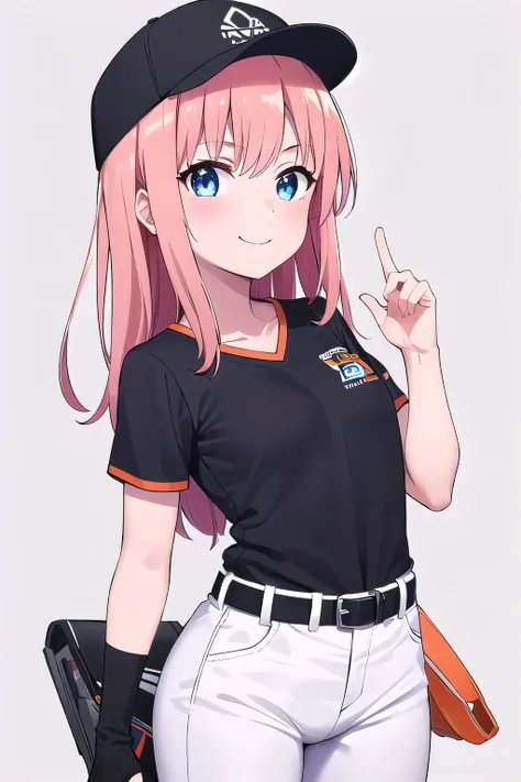 1girl,Samus aran,solo,blue eyes, pink hair, forehead hair, Black and orange baseball shirt with team logo, white baseball pants, black baseball cap with orange logo, black belt, white socks, black cleats, classic and stylish look,cowboy shot,blush,,Science...