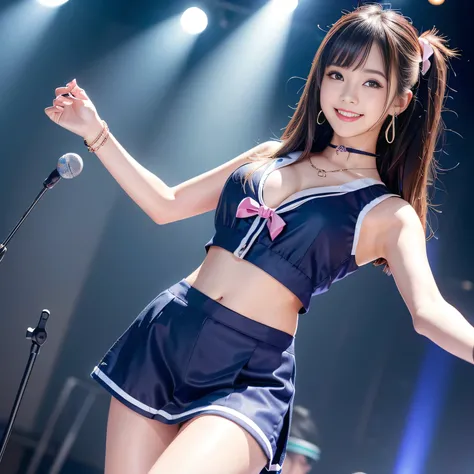 A very cute face like an idol、Looks like a young face、20-year-old female、Gentle and cute、A kind smile、( wearing sailor multiple color idol outfit, ((whole body像))、Cleavage、in an outdoor stage、Cinema lighting、Natural light、whole body、RAW Photos、Genuine、Arti...