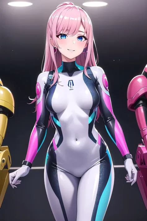 1girl,Samus aran,solo,blue eyes, pink hair, forehead hair, Rainbow glossy rubber suit, black platform heels, silver holographic clutch bag, long straight hairstyle, smoky eye makeup, silver hoop earrings,cowboy shot,blush,,Science fiction,ultra-detailed,sh...