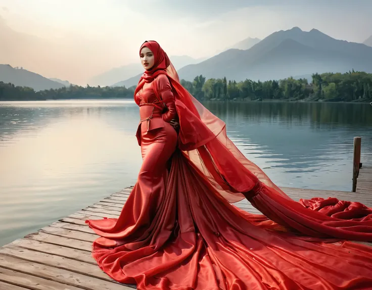 A woman shrouded in a 9-meter-long, plush red organza cloth, tightly bound and grandly draping along the form of her body, flowing off into a pooled floor-length train, styled in a mermaid-inspired outfit, her head modestly veiled in a satin hijab, 175 hei...