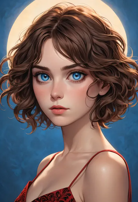 Key art, a beautiful woman with short wavy brown hair and blue eye, plain blue background , intricately detailed, masterpiece, award winning art, deep serenity is infused throughout the imagery, evocative, expressive, emotive art, 8k, hdr, she wearing red ...