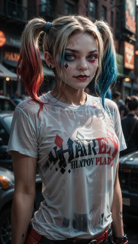 Harley Quinns intense plea, realistic hot breath, 2.5D realism, wet T-shirt