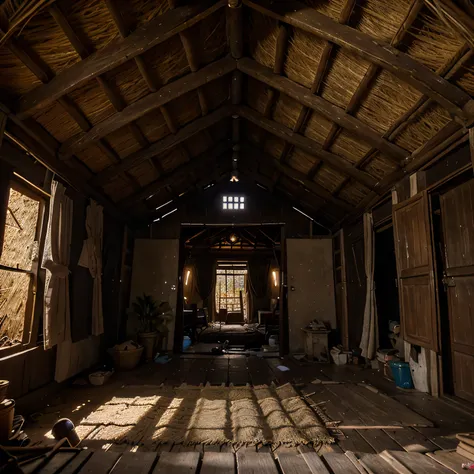  to create an image of the inside of a very dilapidated thatched hut in a Vietnamese slum village, A visible beam of Rembrandt light from outside shines into the thatched hut .