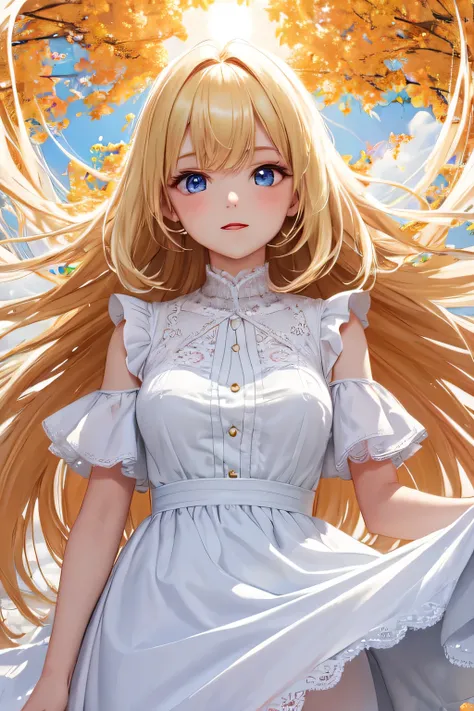 Sunshine,  white dress , Saintess, precipice, shining, Blonde, Long hair, Blue eyes