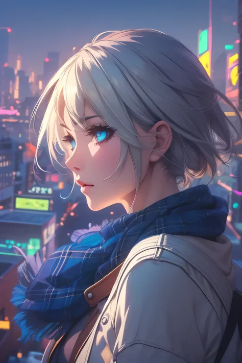 anime girl with blue eyes and a scarf on looking at the city, makoto shinkai and artgerm, artgerm and atey ghailan, profile of anime girl, 4k anime wallpaper, anime art wallpaper 8 k, detailed digital anime art, anime wallpaper 4k, anime wallpaper 4 k, bea...