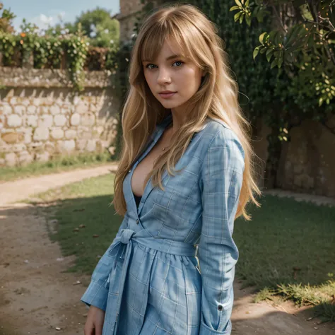  1 young Russian girl , Long, thick, golden blonde hair, Bangs, Beautiful and detailed blue eyes , Perfect lips , Fitted Suit, Tuscany landscape background , , an expression of happiness and peace, Sexy figure, Perfect shape, Whole body,  wearing a checker...