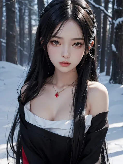 A young woman,  long black hair , shy appearance, red top, low neckline,  arms folded behind the back, long necklace ,  whole body , cutting , outside,  snow on the hair , roter Eyeliner, realistic, 19 years,