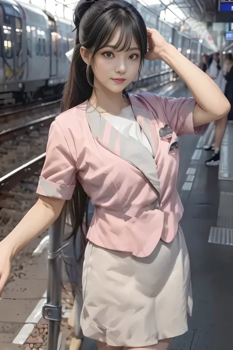 (masterpiece:1.2, Best Quality:1.2), 32K HDR,  High Resolution , (Alone、 1 girl)、（on board、 professional lighting that protrudes forward）、In-flight background、（Nankai train crew uniform pinkを着たリアルスタイル）、（（ pink short sleeve jacket from Nankai train crew uni...