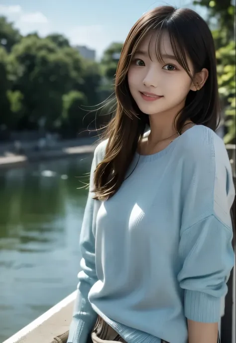 Riverbank:1.3,  semi-long hair:1.2, light blue summer knit