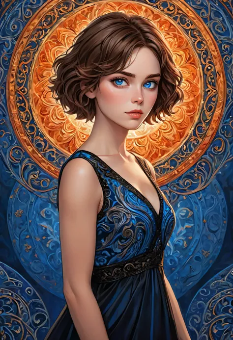 Key art, a beautiful woman with short wavy brown hair and blue eye, plain blue background , intricately detailed, masterpiece, award winning art, deep serenity is infused throughout the imagery, evocative, expressive, emotive art, 8k, hdr, she wearing blue...