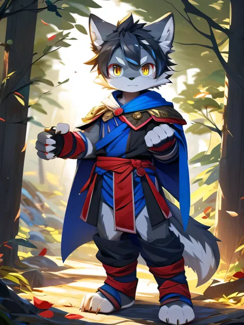 nj5furry，kemono，full-length portrait，anthro，hi res，male，Black hair，Gray Wolf，Gray skin，warrior，Strong body， fluffy hair ，White Hanfu，claw socks，Metal Gauntlets， fingerless gloves，cloak， white plush paws，Golden pupils， Meticulous Eyes ，Detailed eyes