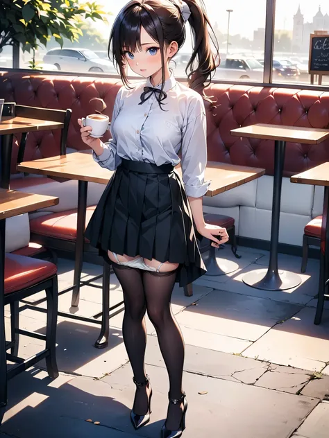 1girl, (masterpiece, best quality, highest quality, Including face:1.5), 4K, masterpiece, ((Focus on the face)),Beautiful woman, (slender:1.5), ((High heels, black pantyhose, anklet)),(cafe clark ,Take off skirt:1.8), (Long silver hair, Age 25, Adult women...