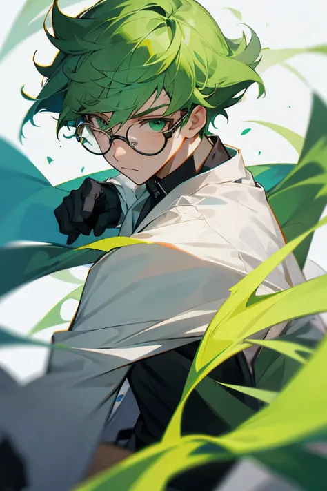 male , scientist, glasses, lab background  ,green hair , fighting